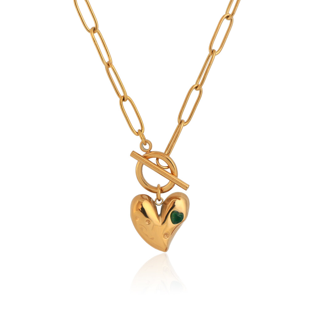 Stainless Steel 18K Gold Plated Heart Necklace with Green Cubic Zirconia