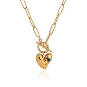 Stainless Steel 18K Gold Plated Heart Necklace with Green Cubic Zirconia