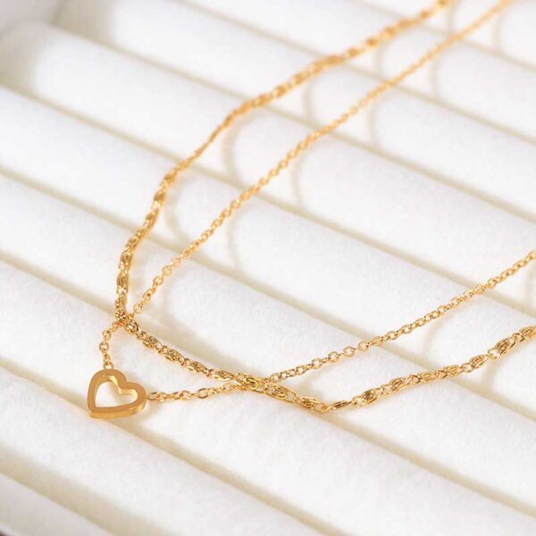 Double Layer 18K Gold Plated Stainless Steel Hollow Heart Necklace