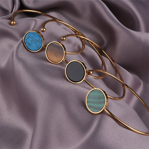 Elegant Natural Stone 18K Gold Plated Stainless Steel Bangle Bracelets