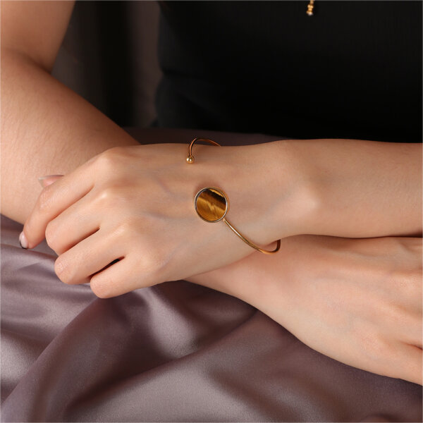 Elegant Natural Stone 18K Gold Plated Stainless Steel Bangle Bracelets