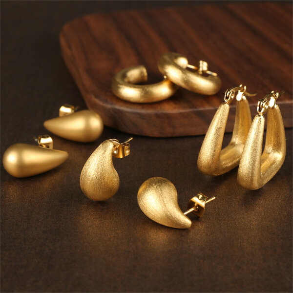 18K Gold Plated Earrings Set with Brushed and Matte Textures