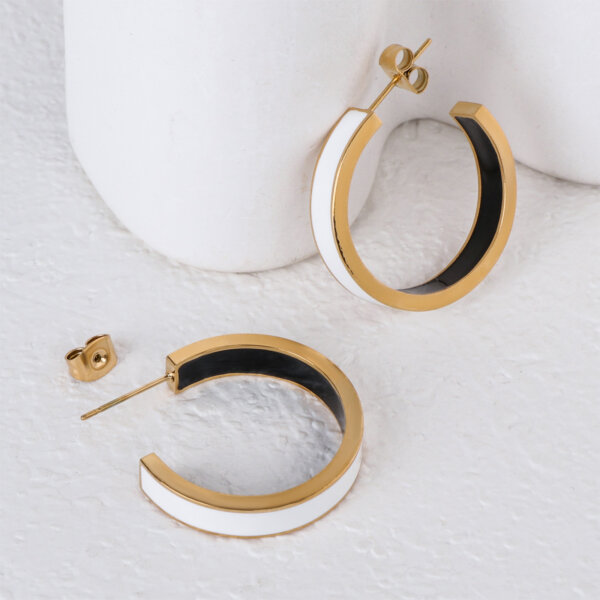 Stainless Steel Chunky Enamel Two Tone Hoop Earrings