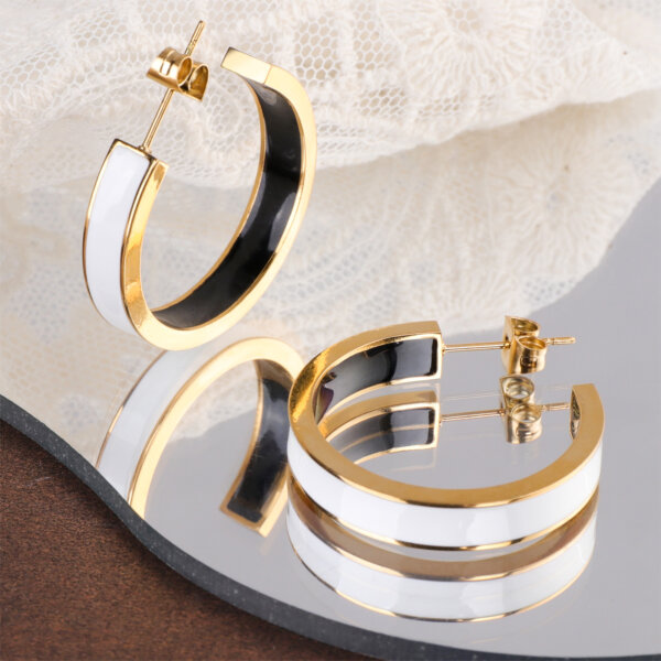 Stainless Steel Chunky Enamel Two Tone Hoop Earrings