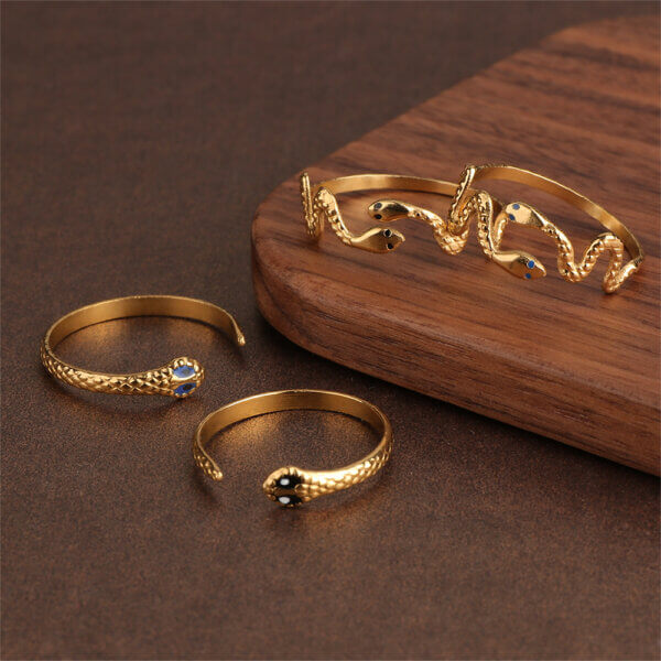 18K Gold Plated Stainless Steel Snake Ring Collection with Enamel Eyes