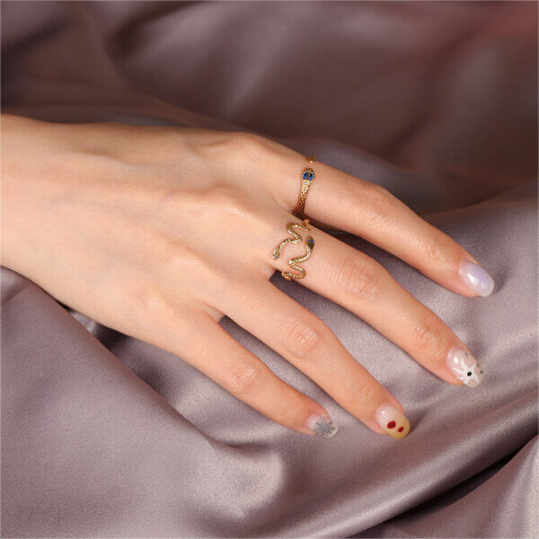 18K Gold Plated Stainless Steel Snake Ring Collection with Enamel Eyes