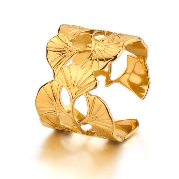 Elegant Ginkgo Leaf Ring in 18K Gold Plated Stainless Steel