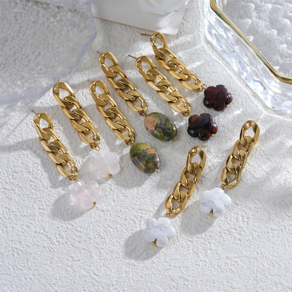 Stainless Steel Natural Stone Dangle Earrings with Chunky Chain