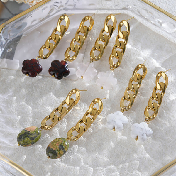 Stainless Steel Natural Stone Dangle Earrings with Chunky Chain