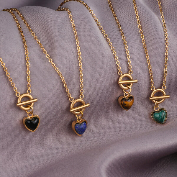 Elegant 18K Gold Plated Heart Pendant Necklace with Natural Stones