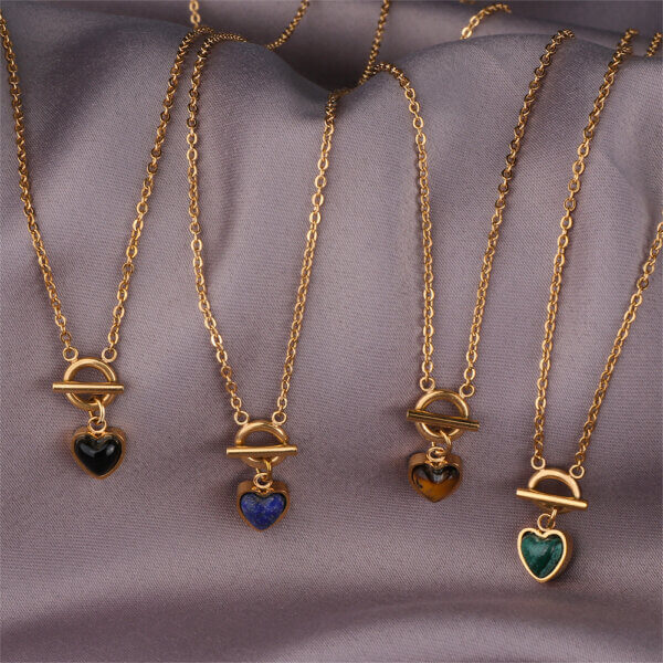 Elegant 18K Gold Plated Heart Pendant Necklace with Natural Stones