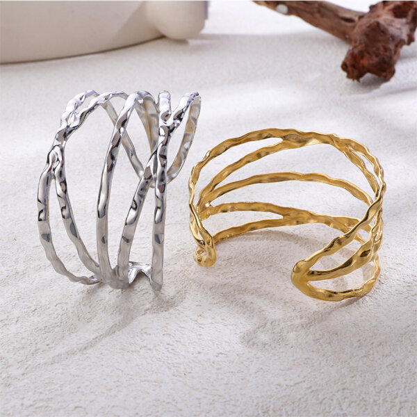 Modern Molten Cuff Bracelet in Stainless Steel Open Bangle Style