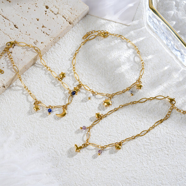 18K Gold Plated Stainless Steel Charm Bracelet with Stone Beads