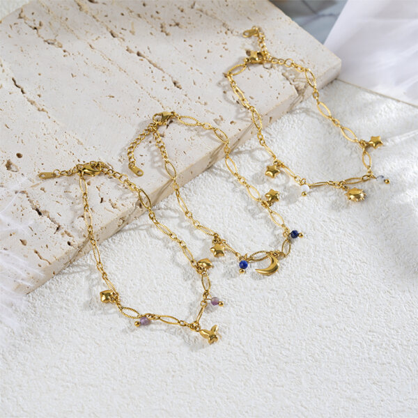 18K Gold Plated Stainless Steel Charm Bracelet with Stone Beads