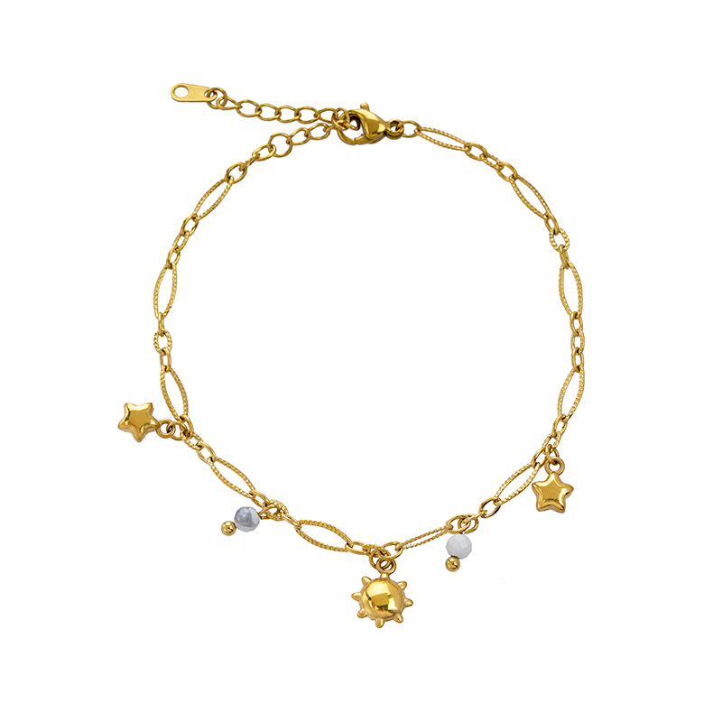 18K Gold Plated Stainless Steel Charm Bracelet with Stone Beads