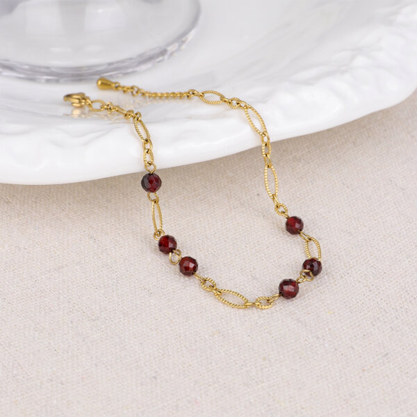 Modern Stainless Steel 18K Gold Plated Garnet Bead Bracelet