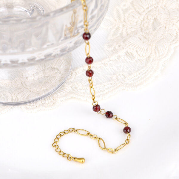Modern Stainless Steel 18K Gold Plated Garnet Bead Bracelet