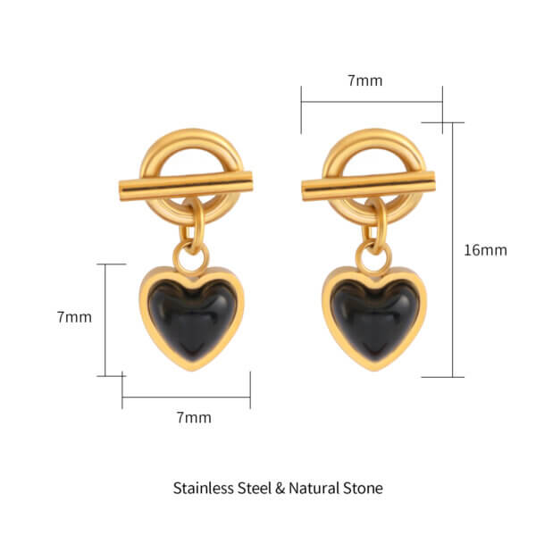 18K Gold Plated Stainless Steel Black Onyx Heart Earrings Drop Design