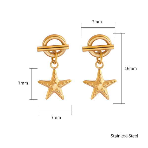 Summer Beach 18K Gold Plated Stainless Steel Starfish Dangle Earrings