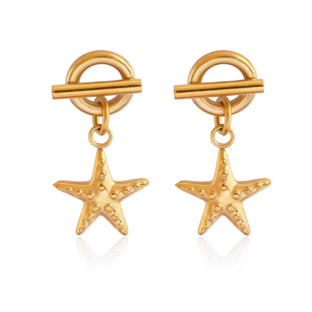 Summer Beach 18K Gold Plated Stainless Steel Starfish Dangle Earrings