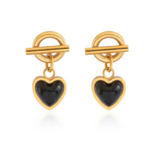 18K Gold Plated Stainless Steel Black Onyx Heart Earrings Drop Design