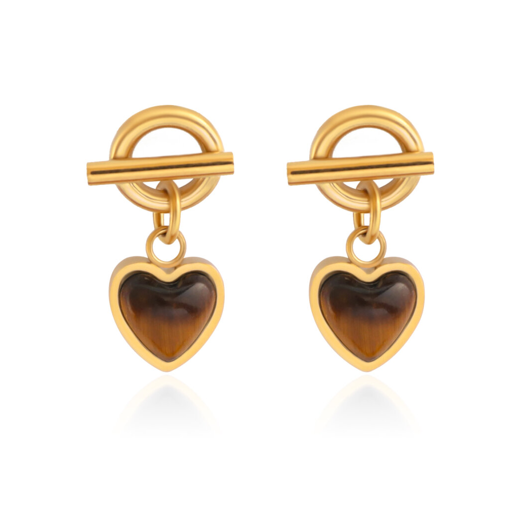 Boho Gold Plated Stainless Steel Tiger Eye Statement Heart Earrings