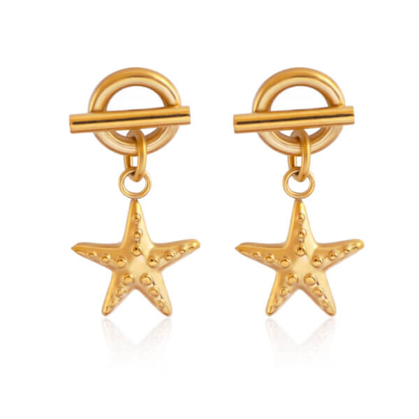 Summer Beach 18K Gold Plated Stainless Steel Starfish Dangle Earrings