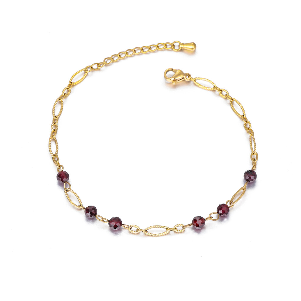 Modern Stainless Steel 18K Gold Plated Garnet Bead Bracelet
