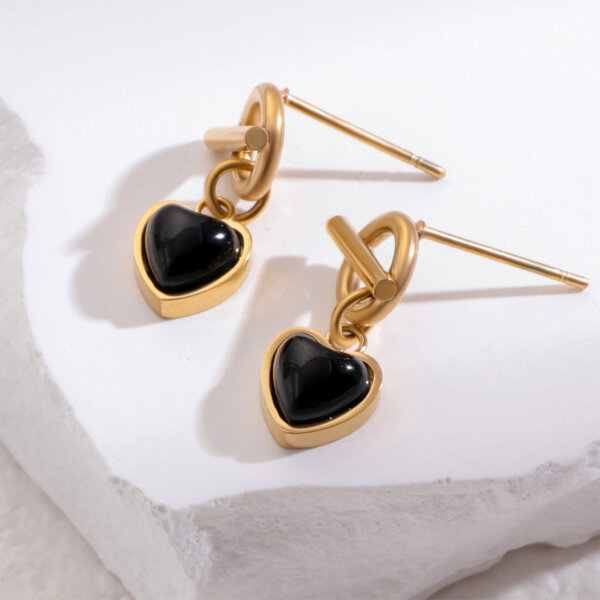 18K Gold Plated Stainless Steel Black Onyx Heart Earrings Drop Design
