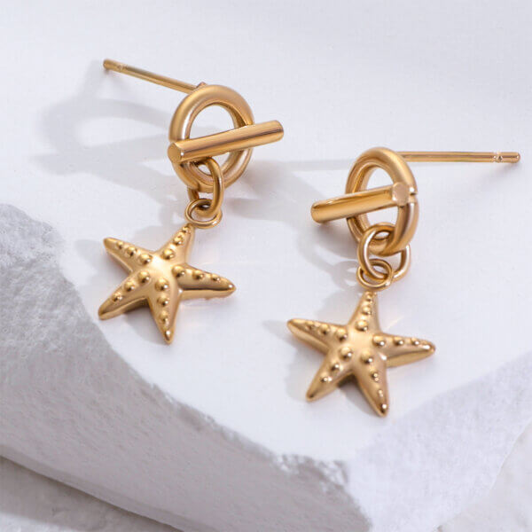 Summer Beach 18K Gold Plated Stainless Steel Starfish Dangle Earrings