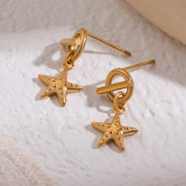 Summer Beach 18K Gold Plated Stainless Steel Starfish Dangle Earrings