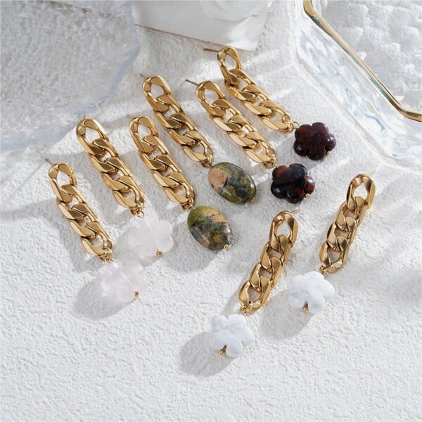 Natural Stone Dangle Earrings with Gold plated Stainless Steel Chains