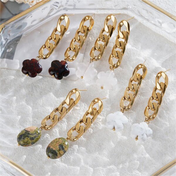 Natural Stone Dangle Earrings with Gold plated Stainless Steel Chains