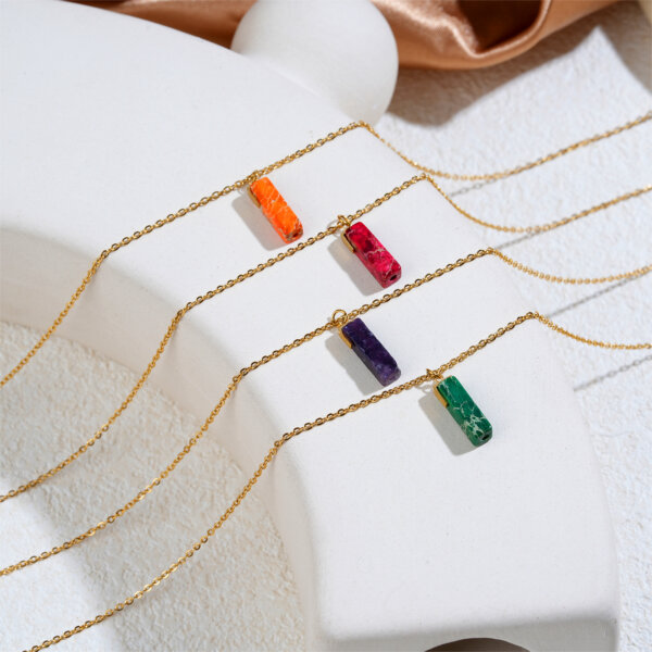 Natural Stone Bar Pendant Necklace in 18K Gold Plated Stainless Steel