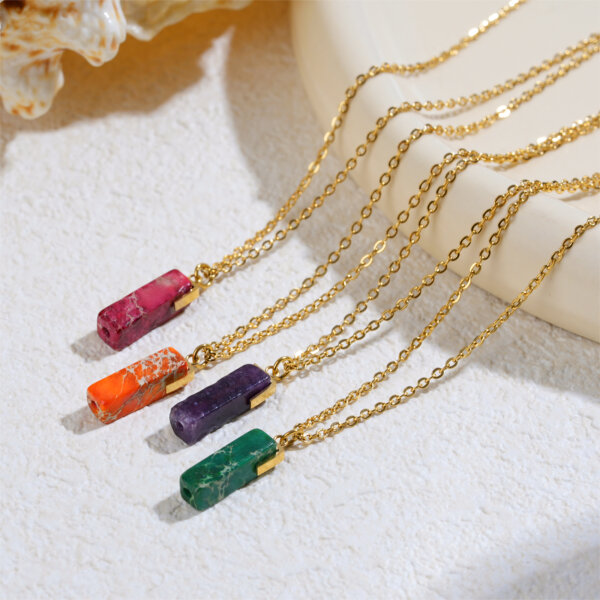 Natural Stone Bar Pendant Necklace in 18K Gold Plated Stainless Steel