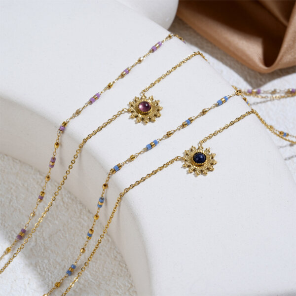Colorful Layered Necklace with Sun Pendant and Miyuki Beads