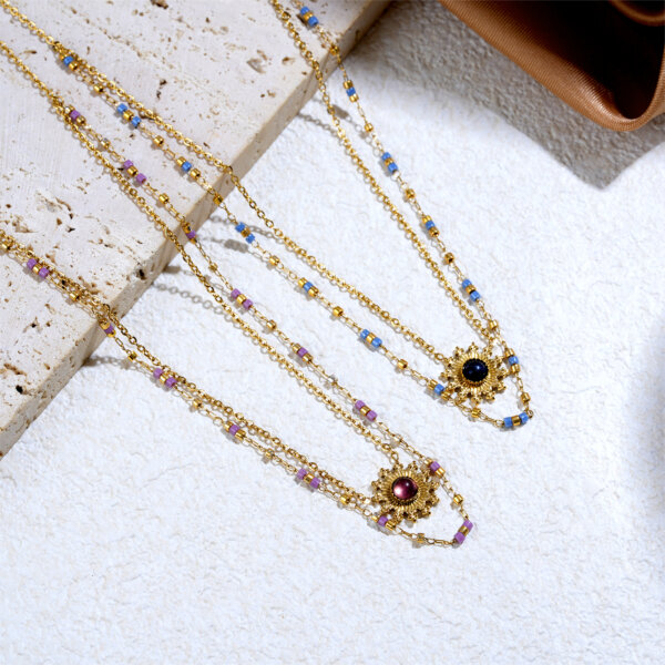 Colorful Layered Necklace with Sun Pendant and Miyuki Beads