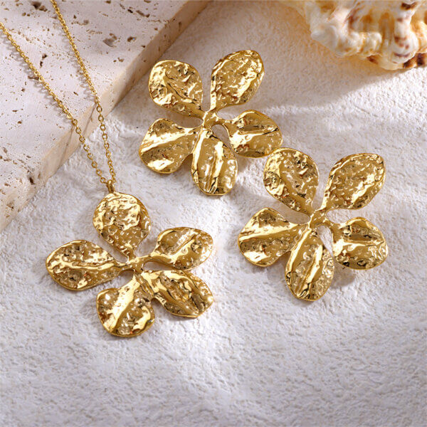 Gold Plated Floral Jewelry Set in Hammered Statement Design
