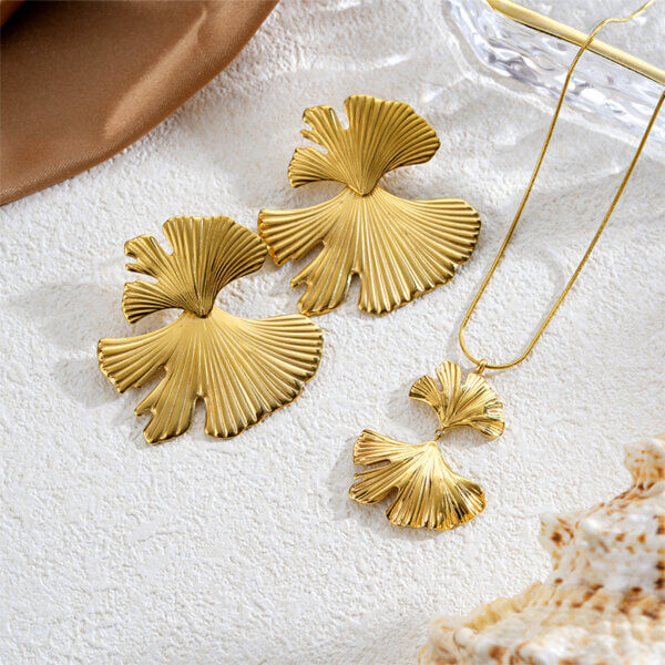 Nature Inspired Gold Ginkgo Leaf Necklace And Earring Set
