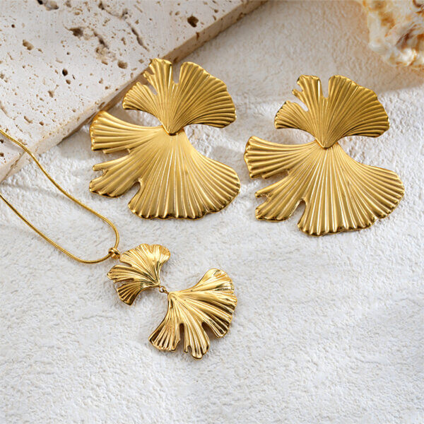 Nature Inspired Gold Ginkgo Leaf Necklace And Earring Set