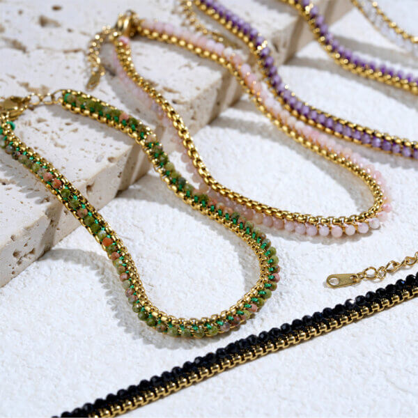 18K Gold Plated Stainless Steel Natural Stone Box Chain Bracelets