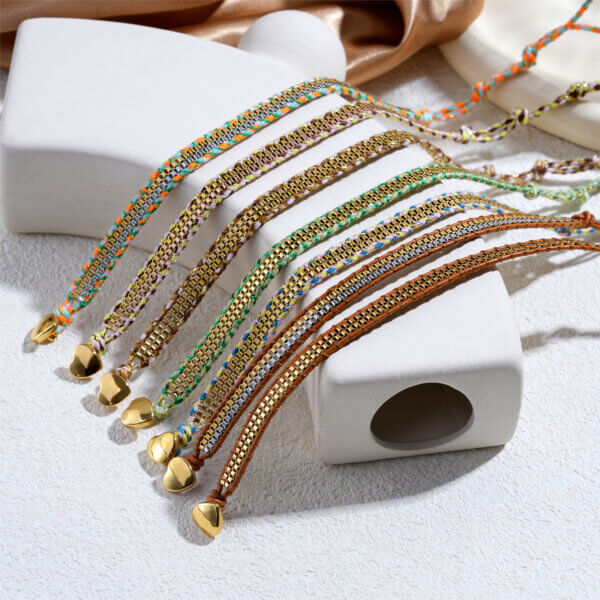 Colorful Woven Friendship Bracelets with Box Chain and Heart Charm