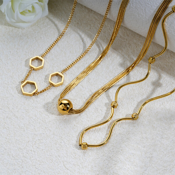 18K Gold Plated Geometric Necklace Set with Architectural Lines