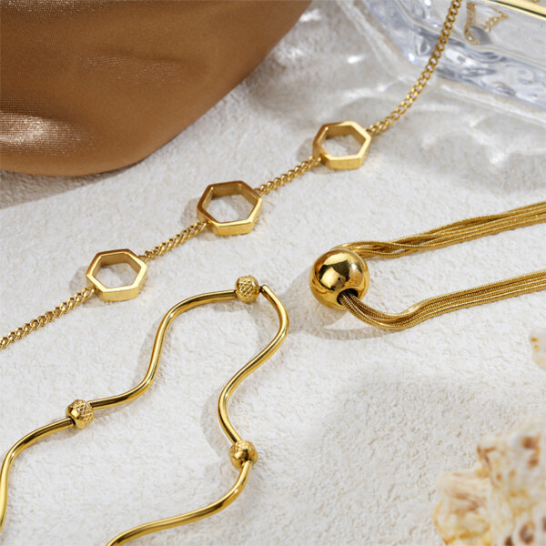 18K Gold Plated Geometric Necklace Set with Architectural Lines