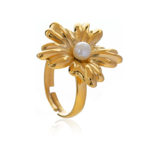 Vintage Style Gold Plated Flower Ring with Pearl and Onyx Accents