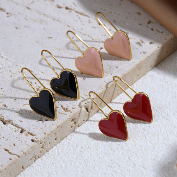 Enamel Heart Drop Earrings in 18K Gold Plated Stainless Steel