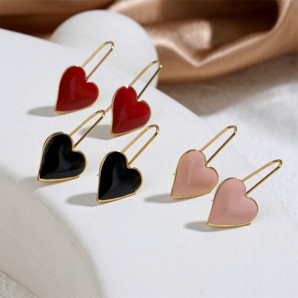 Enamel Heart Drop Earrings in 18K Gold Plated Stainless Steel