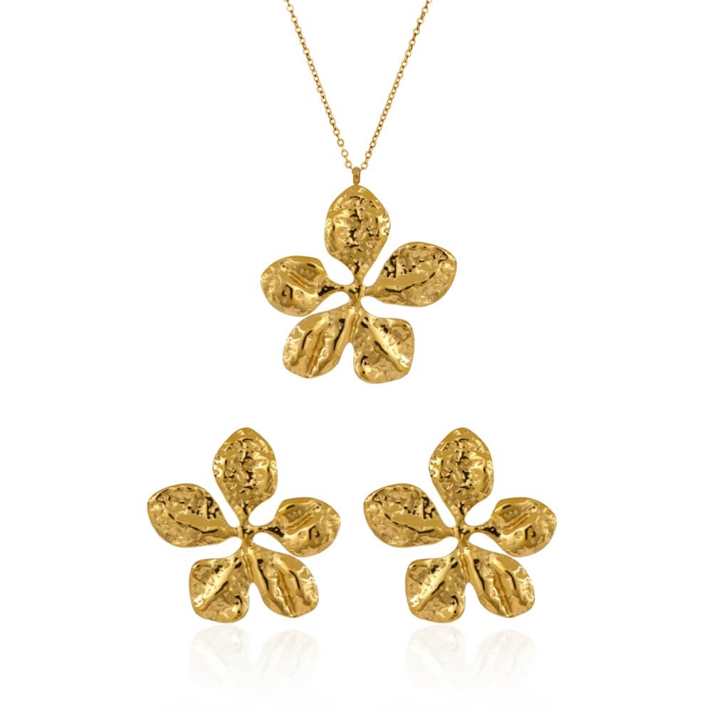 Justop Fashion Jewelry|Gold Plated Floral Jewelry Set in Hammered Statement Design