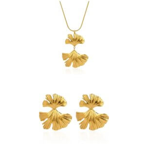 Nature Inspired Gold Ginkgo Leaf Necklace And Earring Set