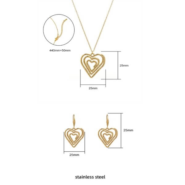 Hammered Spiral Heart Jewelry Set in 18K Gold Plated Steel